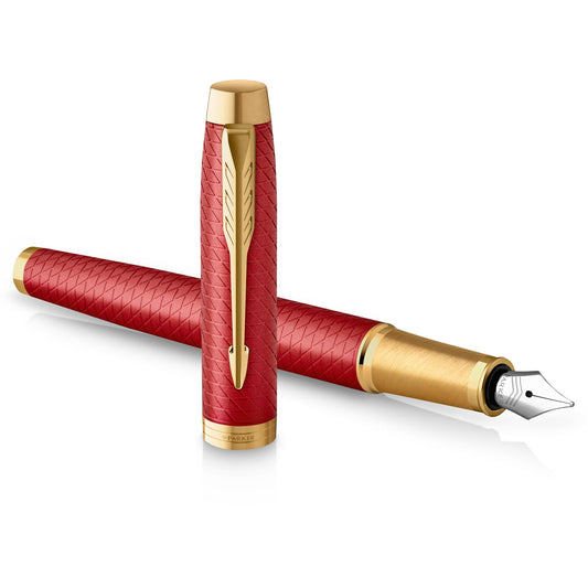 Parker IM Red Premium Lacquer Fountain Pen with Gold Trim | Fine nib and blue ink | Comes in a gift box