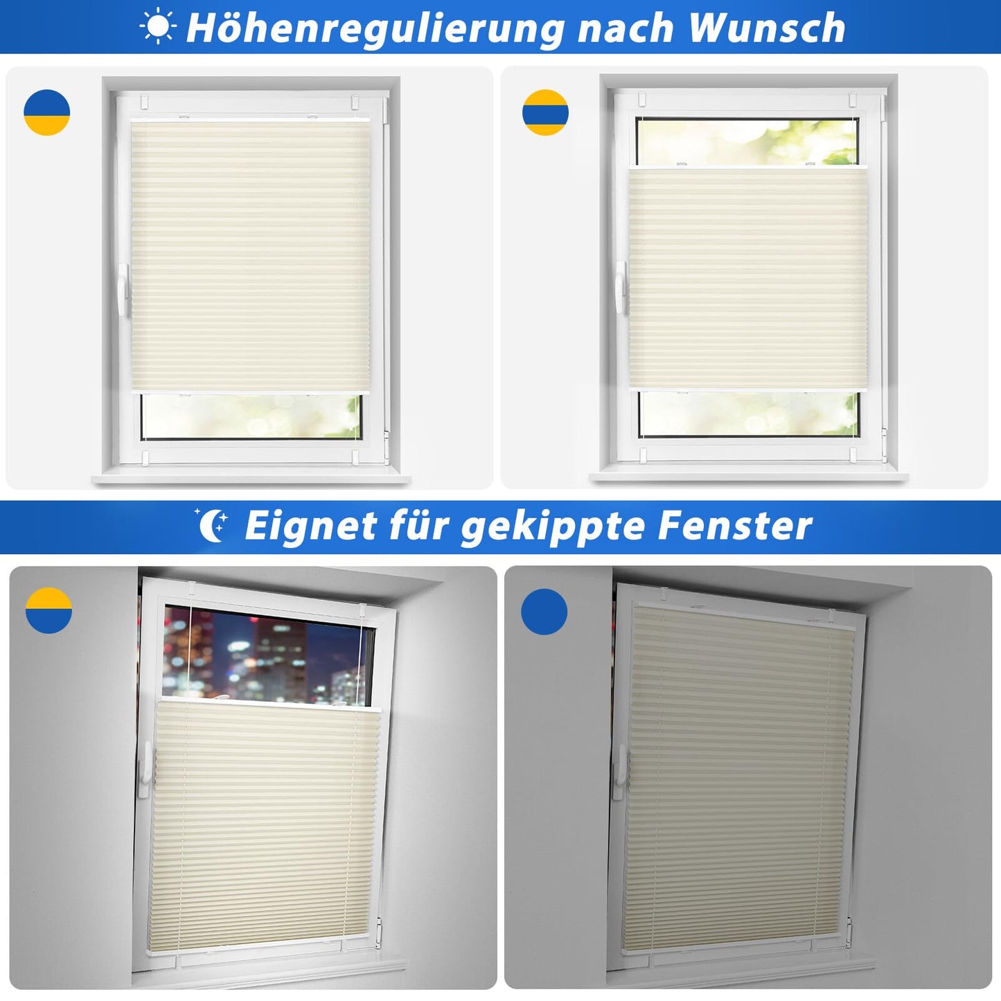 Home Plisse without drilling clampfix B55 x H120 cm Beige, pleated blinds for windows and doors, Easyfix pleated roller blind with clamp bracket sun protection and privacy translucent roller