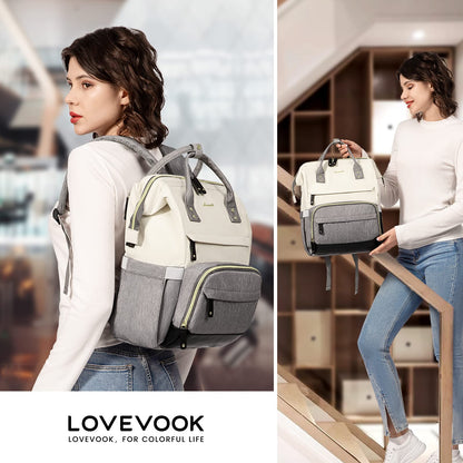 LOVEVOOK laptop backpack for women with 15.6 inch laptop compartment, suitable for girls, teenagers, and college students. This waterproof backpack is perfect for school, travel, university, business, and work in beige and gray.
