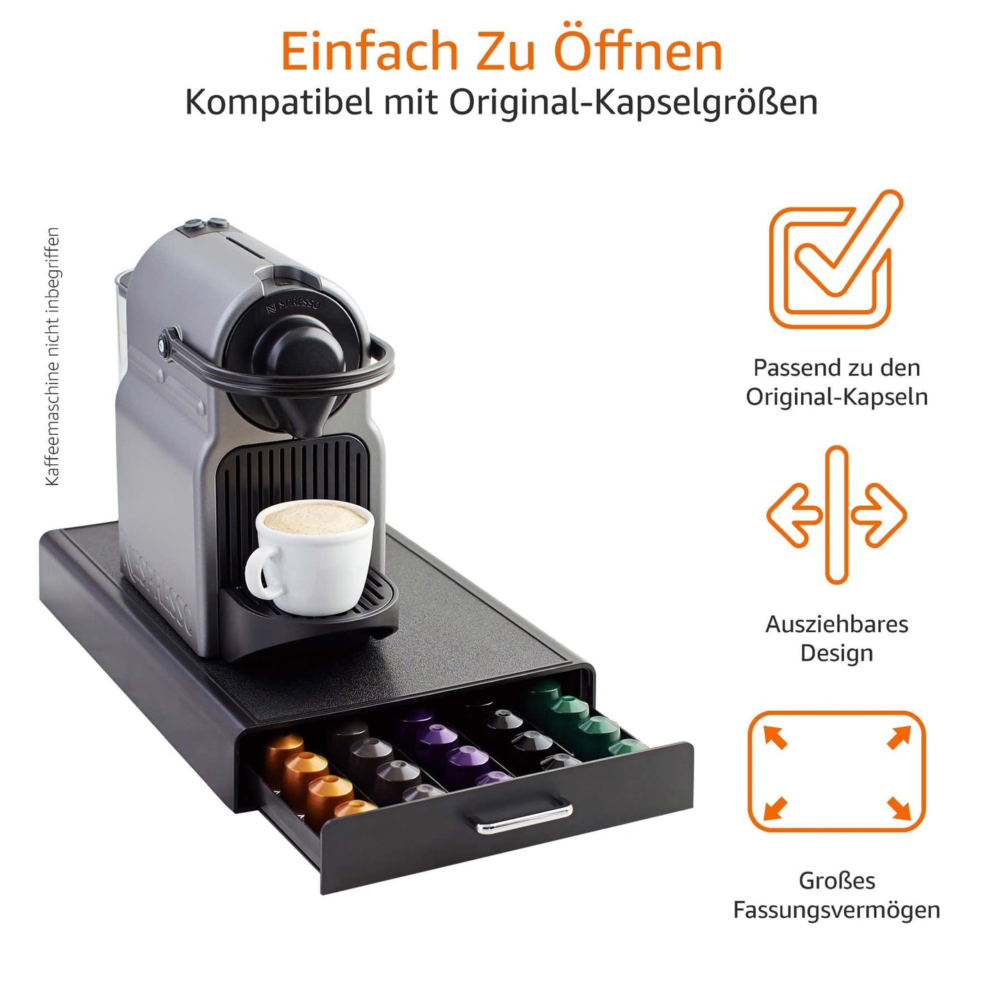 Amazon Basics 1-Drawer Storage Box for Nespresso Original Line coffee capsules, plastic, capacity 50 capsules, load capacity 4.5 kg, Black