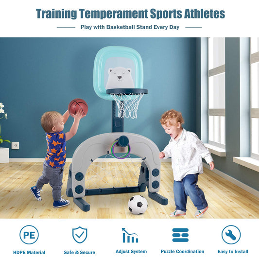 Hadwin Kids Basketball Hoop Set, 3-in-1 adjustable basketball stand & soccer goal & throwing game for toddlers, sports for boys and girls, suitable for indoor use.