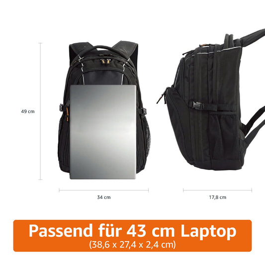Amazon Basics laptop backpack with padded shoulder straps and storage compartments for pens, keys, phone, suitable for most laptops up to 17 inches, Black.