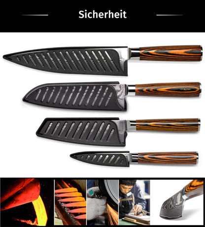 Wolfblood 4-piece damascus knife set (32, 30, 24, and 20 cm) Professional damascus kitchen knife set made of genuine 67 layers of damascus steel I Set includes chef's knife, santoku knife, blade guard, and gift box