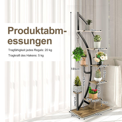 RELAX4LIFE Plant Stand Half Moon Shaped, 6-Tier Flower Shelf with Shelves Hooks, Flower Stand with 2 Installation Methods & Anti-tilt Device, Plant Shelf for Garden Balcony (1 Piece, Brown)