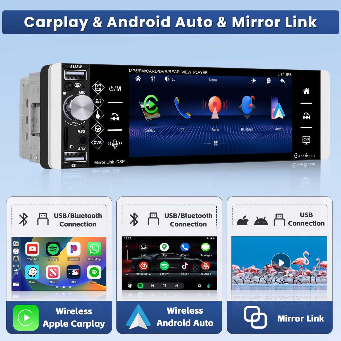 Hikity 1Din car radio with Bluetooth rear camera, 5.1 inch touchscreen car radio with wireless CarPlay & Android Auto, Bluetooth, two USB ports, remote control, mic, FM radio.