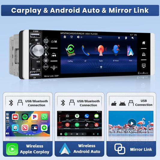 Hikity 1Din car radio with Bluetooth rear camera, 5.1 inch touchscreen car radio with wireless CarPlay & Android Auto, Bluetooth, two USB ports, remote control, mic, FM radio.