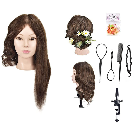 Practice head for hairstyling, 100% real hair, 46 cm, comes with free clamp (table clamp included)