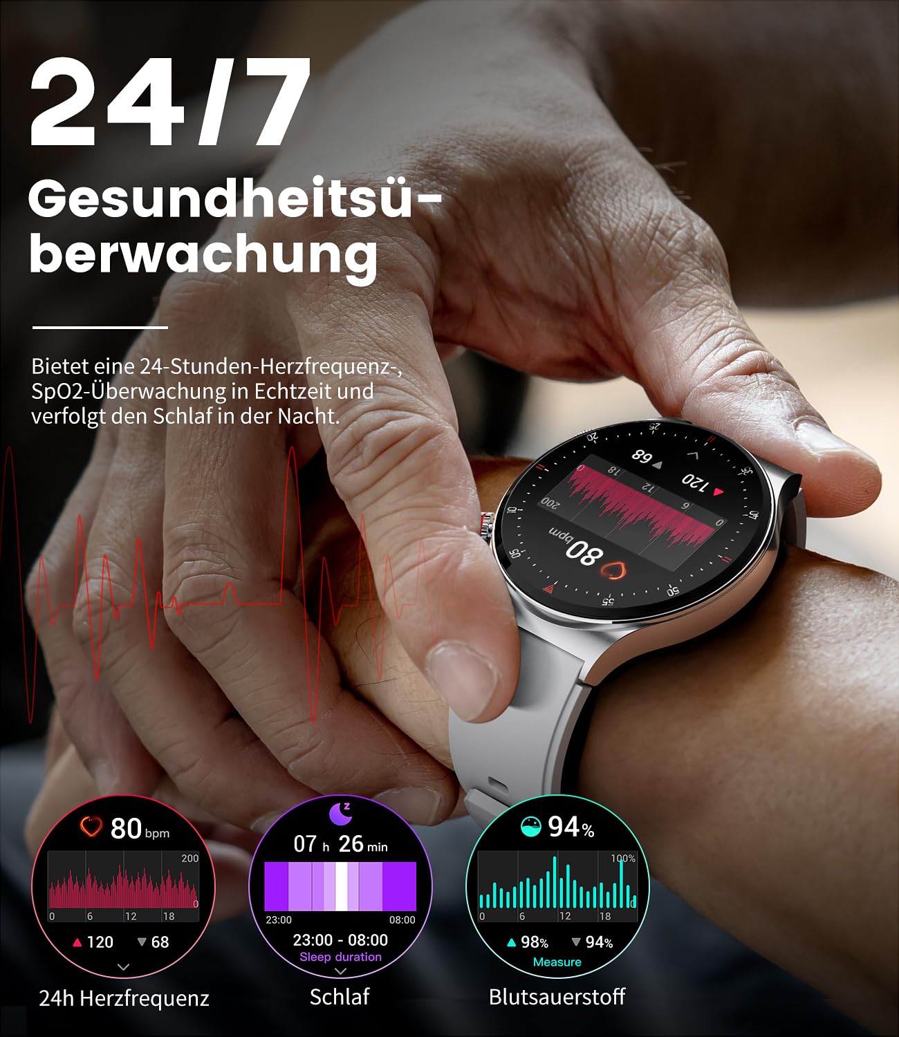 Men's smartwatch with phone function, 1.43'' AMOLED smart watch with heart rate sleep monitor SpO2 notification 100+ sports modes, waterproof fitness tracker calorie pedometer Android iOS, silver