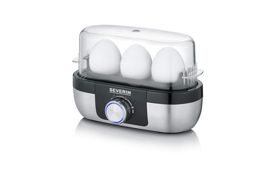 SEVERIN egg cooker for 3 eggs with electronic cooking time monitoring, including measuring cup with egg piercer, egg cooker for ideal hardness level, stainless steel brushed/black, 300 W, EK 3163