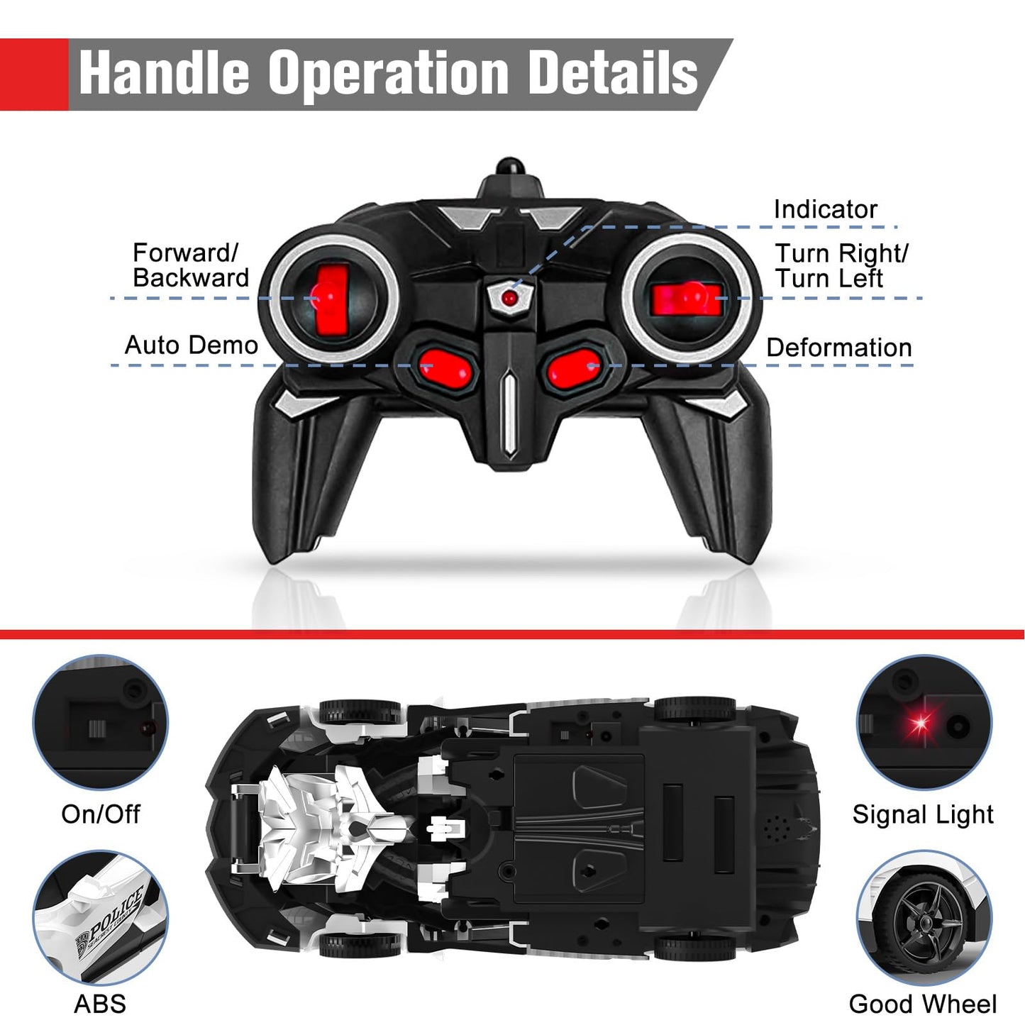 Remote control car, 2 in 1 transformer remote controlled robot kids car 360° rotation RC police car with battery, toy for 3 4 5 6 7 8 9 year old girls gifts games boy gift ideas.