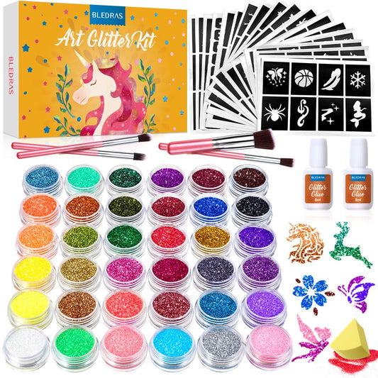Bledras Glitter Tattoo Set for Kids, 36 colors, 178 stencils, 4 brushes, 2 glue, perfect gift for children aged 3-12, beautifully packaged.