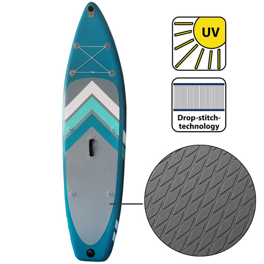 ALPIDEX Stand Up Paddle Set SUP 305 x 76 x 15 cm. Load capacity up to 150 kg. Inflatable, stable, light. Complete set includes carrying bag, paddle, fins, pump, leash, repair kit. Color: Petrol.