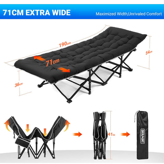 OVERMONT Folding Camp Bed with Mattress - Foldable Camping Cot 2PCS 190 x 71 x 36 cm - Holds up to 250kg - 2400D Oxford Fabric with Side Pocket Carrying Bag for Camping Garden Office Black