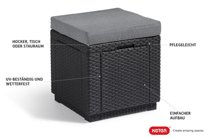 Allibert by Keter Cube Ottoman with Storage, grey, includes cushion, removable lid, flat rattan look, weatherproof, 42x42x39cm