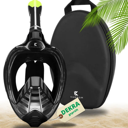 Khroom snorkel mask for adults & kids with DEKRA certified CO2 safety | Full face Seaview X diving mask | Snorkeling gear / snorkel set alternative (S/M, Black + Soft-Case)