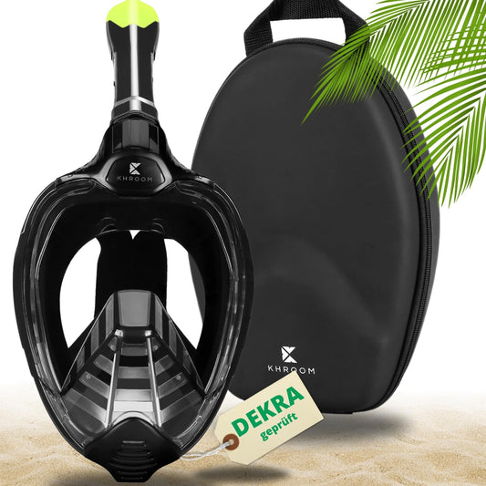 Khroom snorkel mask for adults & kids with DEKRA certified CO2 safety | Full face Seaview X diving mask | Snorkeling gear / snorkel set alternative (S/M, Black + Soft-Case)