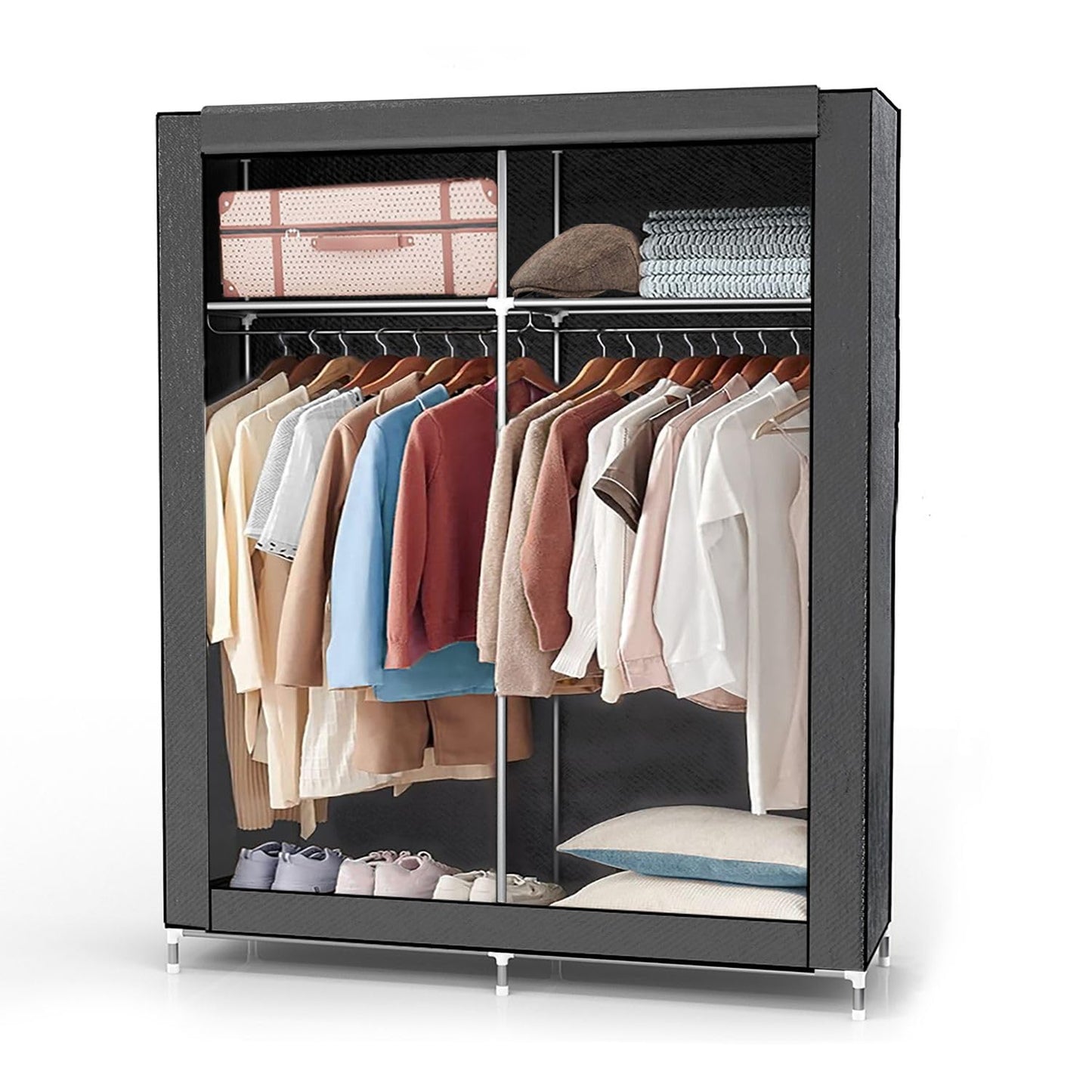 INTIRILIFE Folding Wardrobe 108x45x170 cm in GREY - Fabric wardrobe with zipper and clothes rail, side pocket and compartments - Shelving unit, metal frame, storage.