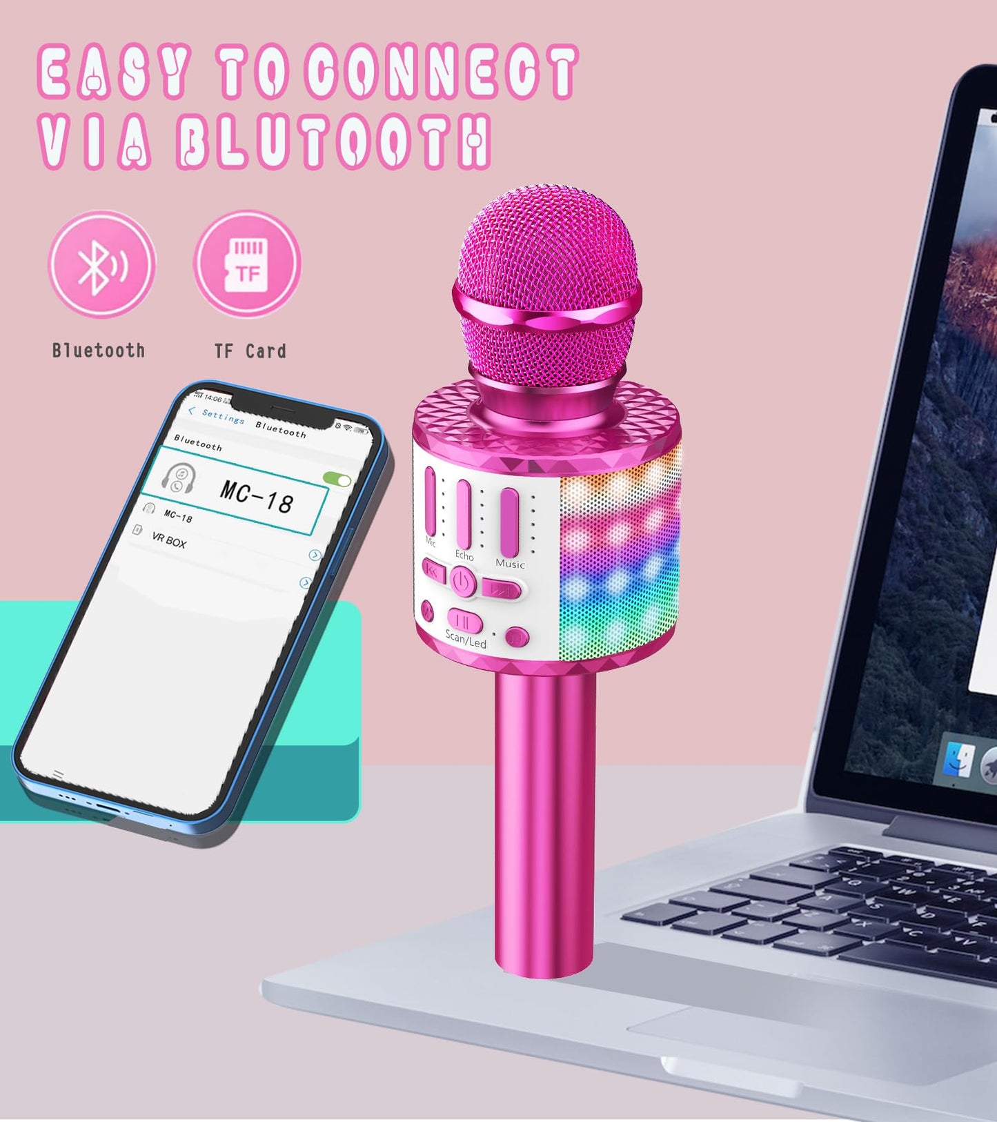 Karaoke microphone, Wireless Bluetooth kids microphone with LED lights, Portable children's karaoke machine, Handheld microphone with speaker recorder for Android/iOS/PC/Smartphone