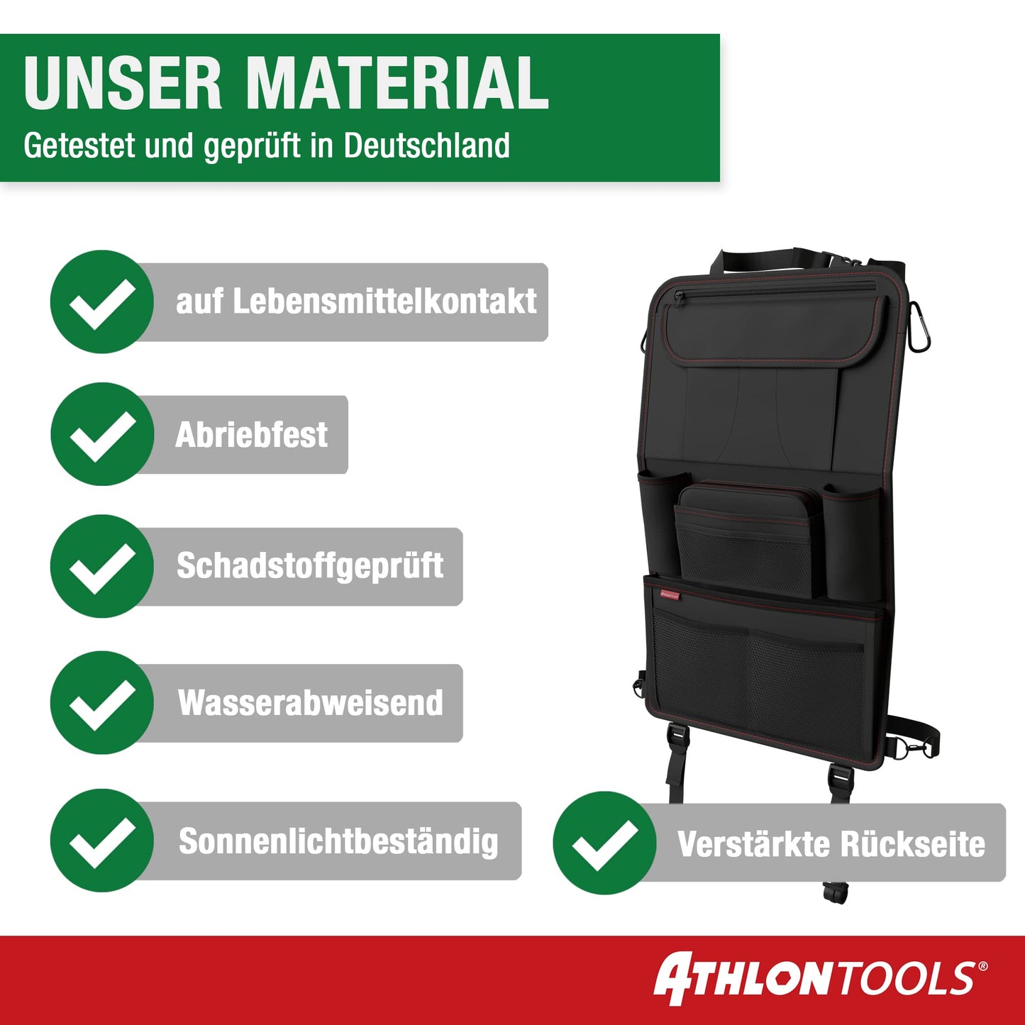 ATHLON TOOLS The most stable car seat organizer - Reinforced back panel - Food-safe - with integrated tablet holder - with extra pen pocket - for business and children - Designed in Hamburg