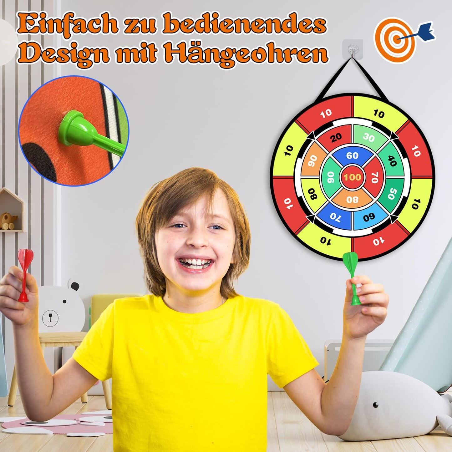 Oneyus kids dartboard 73cm, kids toy double-sided dartboard with 2 blasters 20 foam bullets 6 Velcro ball throwing game kids balls, 6 darts, indoor outdoor games for kids gifts.