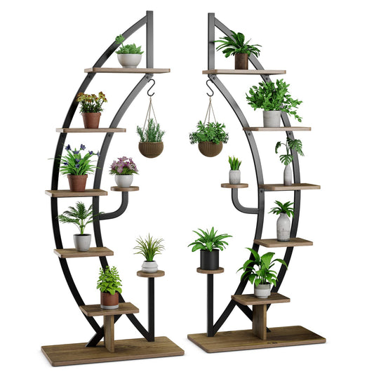 GOPLUS 6-tier Flower Stand Metal, half-moon Plant Stand with Shelves & Hooks, Plant Rack Flower Shelf Flower Stairs Plant Stairs for Living Room, Bedroom, Balcony (Brown, 2)