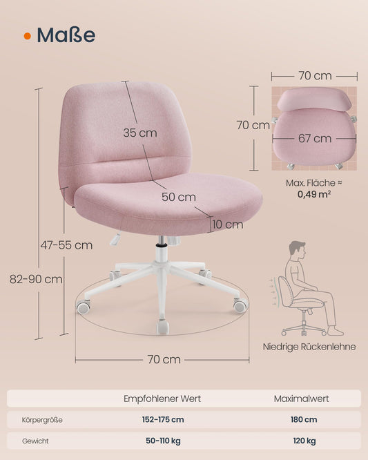 SONGMICS HOME Sewing Seat Chair, Makeup Chair, Armless Swivel Chair, Desk Chair, wide seat surface, modern, with base, adjustable height, rocking function, pastel pink OBG047R01