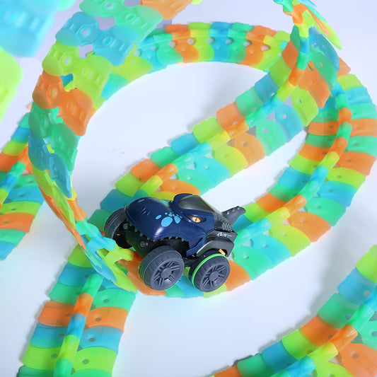 CREAMKIDS Dinosaur Race Track, Glow-in-the-dark track with suction cup, 2 dinosaur race cars with lights, Christmas and birthday gift for kids aged 3+ (291 pieces)