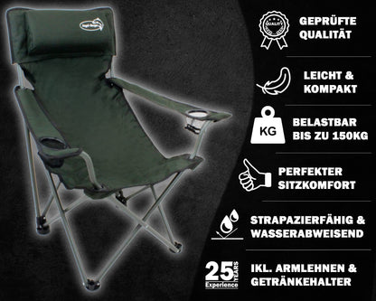 Luxury folding chair with drink holders, padding, and armrests in green.