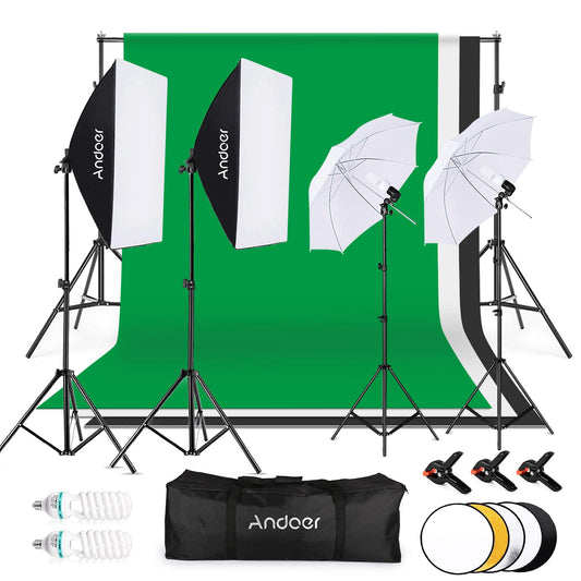Andoer Photo Studio Kit, 1.8M x 2.7M Background Support System (Green Black White) with Softbox, Continuous Light, White Soft Light Umbrella, Reflector for Portraits, Product Photography, and Video Recording