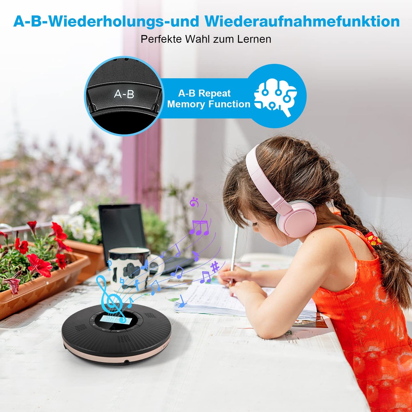 HOTT Portable Bluetooth CD Player with 4 Speakers and FM Transmitter, Anti-Skip Portable CD Player, 1800mAh Rechargeable Small with Headphones for Car, Home.