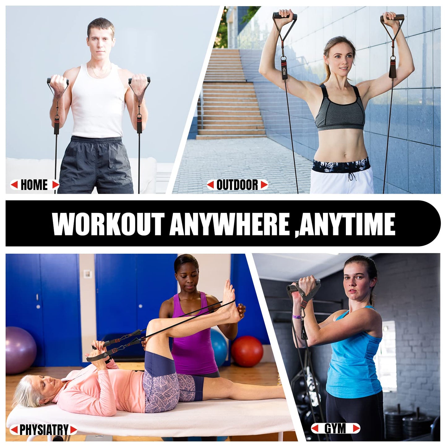 Resistance Bands Set, 5 fitness bands expander tube bands with large handle ankle strap door anchor attachment carrying bag, ideal for Pilates strength training.
