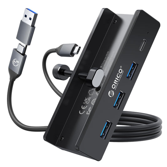 ORICO USB Hub, Aluminum USB 3.0 Hub Clip with 5V power supply port, 5Gbps 4 port USB splitter with 3 Type-A 3.0 and 1 Type-C 3.0, 100cm cable (C to A/C), for monitors, desks.
