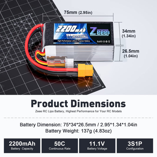 Zeee 3S Lipo 2200mAh 11.1V 50C battery pack with XT60 connector for RC car, truck, vehicles, boat, drone, airplane, quadcopter, helicopter, FPV racing. Hobby models. Pack of 2.