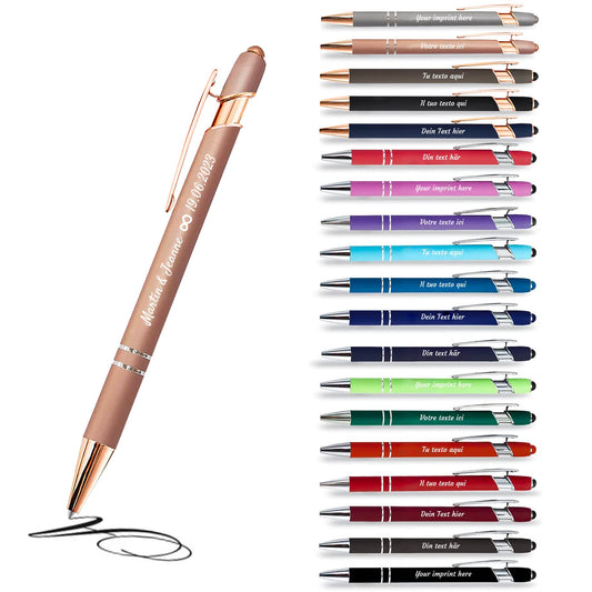 Beautiful Papers - x12 - Personalized 2 in 1 Pen - Personalized Ballpoint Pen with Engraving I Rose Gold Metal I Softtouch Feeling I write in black I integrated Stylus