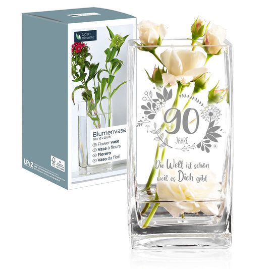 Casa Vivente vase for 90th birthday with sweet engraving. Square glass vase with age and saying as birthday gift for women. Flower vase for modern decoration.