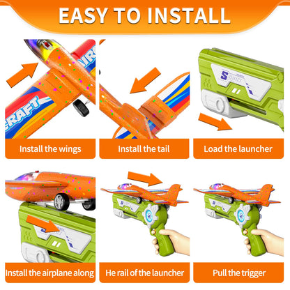 Doloowee 4 IN 1 Airplane Launcher Toy, LED Foam Glider Aircraft Catapult, 3 Flight Modes, Outdoor Sport Flying Toy for 3-12 Year Old Boys Girls Birthday Gifts (Blue+Green)