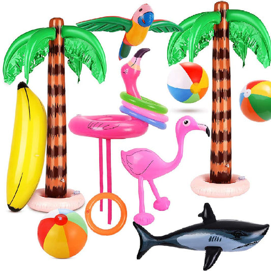 Evance 14 Pieces Inflatable Palm Tree Flamingo Toys Inflatable Banana Beach Balls Flying Parrot Shark with Ring Toss Game Inflatable Flamingo Toss Game Pool Toy (14 PCS)