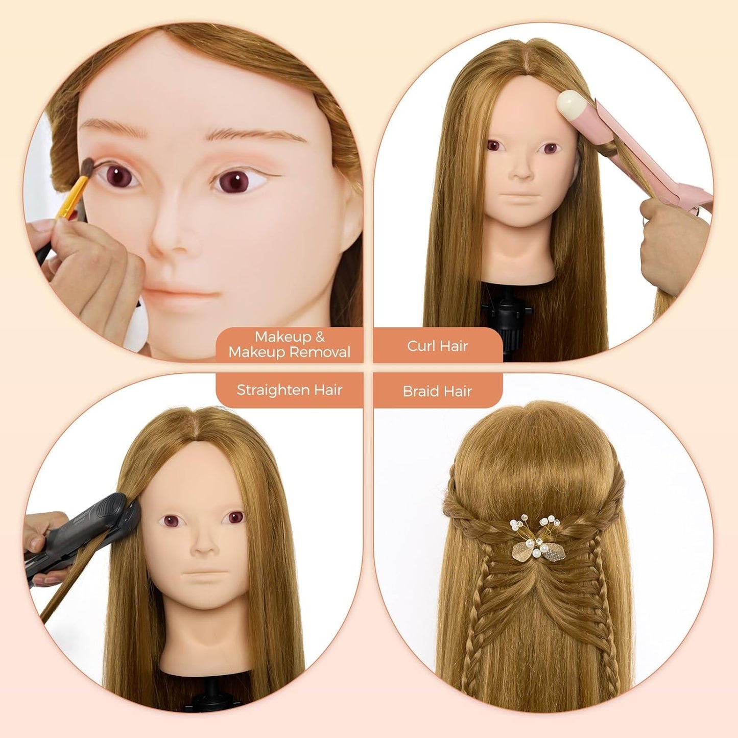 Neverland 24 inch Makeup Head Styling Head Hairdresser with Stand 50% Human Hair Practice Head Training Heads Doll Head Barber Head Training Head With Holder + Hair Styling Braid Set