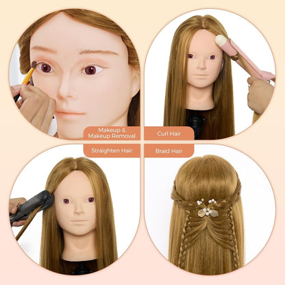 Neverland 24 inch Makeup Head Styling Head Hairdresser with Stand 50% Human Hair Practice Head Training Heads Doll Head Barber Head Training Head With Holder + Hair Styling Braid Set