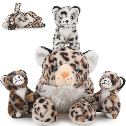 MorisMos 45cm Giant Leopard Stuffed Animal XXL with 3 plush babies in the belly, large lying plush cheetah Leopard XXL, Fluffy plush toy leopard teddy gift for kids
