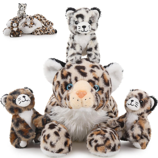 MorisMos 45cm Giant Leopard Stuffed Animal XXL with 3 plush babies in the belly, large lying plush cheetah Leopard XXL, Fluffy plush toy leopard teddy gift for kids