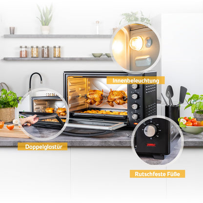 TZS First Austria - Mini Oven 60L 2000W - Mini Oven Pizza Oven Temperature control up to 230°C & 6 modes - Spacious mini oven with 60 Min. Timer, 4 rack heights, baking tray, grill rack & rotisserie