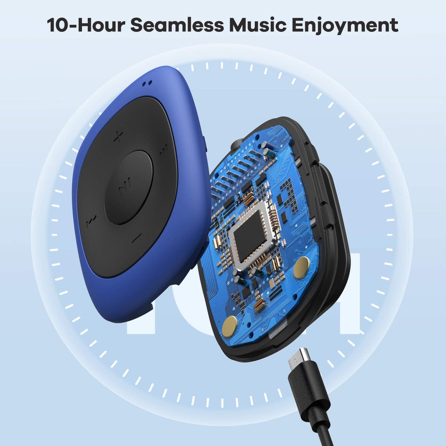 AGPTEK Mini Clip 8GB MP3 player with earhook headphones and silicone case, lightweight sports music player with 5 buttons and 2 function switches, (packaging MULTIPLE USE) Blue.