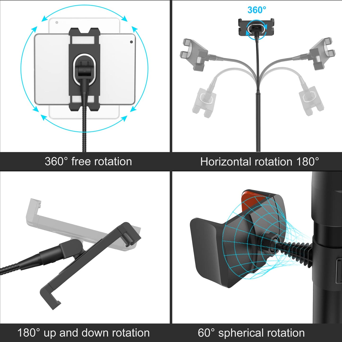 LIUGAST tripod stand, 63 inches - floor stand for tablet, with 360° rotation for iPhone Mini, Air, Pro and all 4.7-11.9 inch tablets.