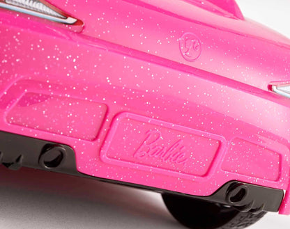 Barbie doll and pink glitter convertible with realistic tires logo, toy for ages 3 and up, DJR55.