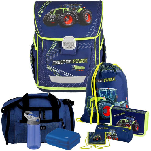 Generic tractor - bulldog - spirit cool school bag set 8 pieces including chest bag, sports bag, lunchbox, and water bottle.
