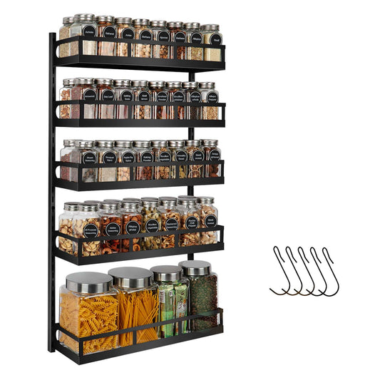 X-cosrack Spice Rack Wall Shelf 5 Levels Adjustable Height Spice Rack for Kitchen Cabinet Door, Hanging Shelf with Hooks, Black