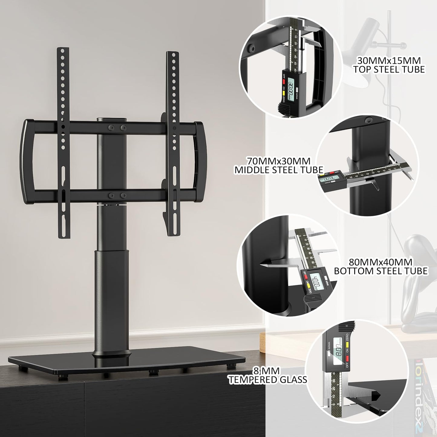 Universal swivel TV stand/tabletop TV stand for 27 to 60 inch TVs. It swivels 80 degrees, has 4 levels of height adjustment, a heavy-duty tempered glass base, and can hold up to 45kg screens. Model HT04B-001P.