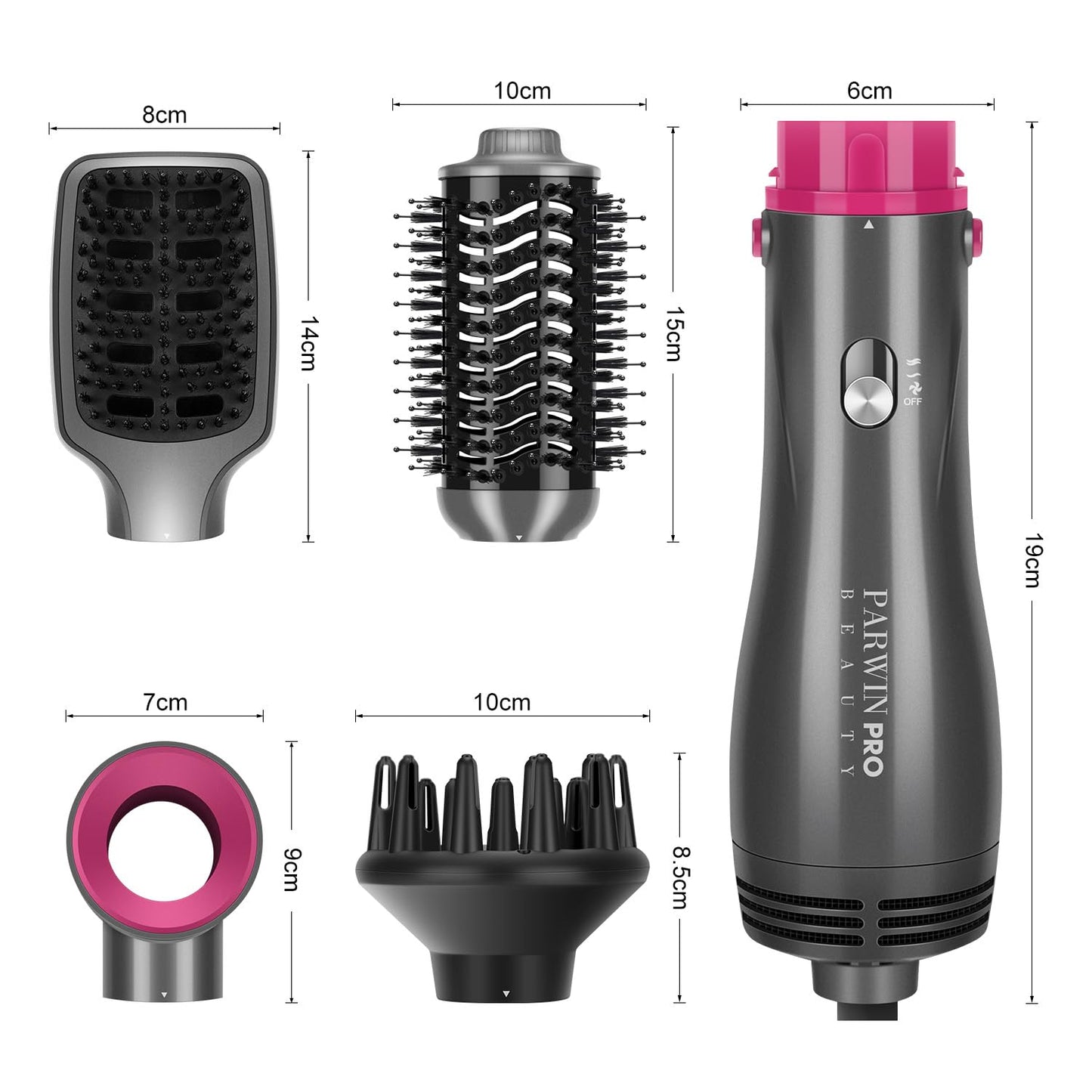 4 IN 1 Hair Dryer Hot Air Brush Set, PARWIN PRO BEAUTY Styler Set, Blow Dryer Brush with 4 Attachments for Drying, Smoothing, Volume, and Styling, Ion Care, 1000 Watt