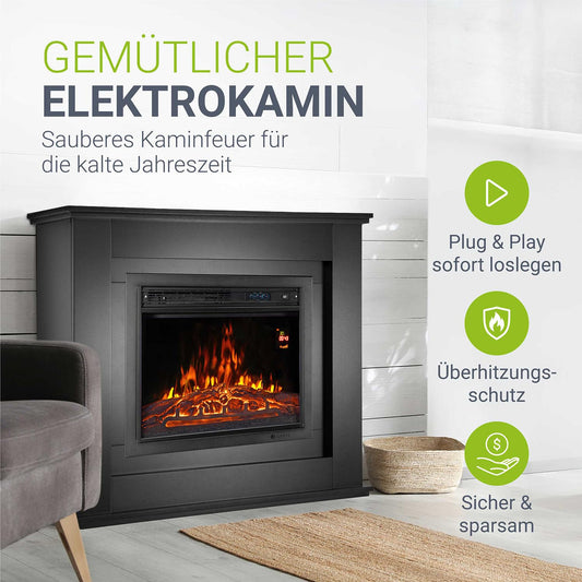 Juskys Electric Fireplace 1000/2000 W with heating, fireplace, flame effect, remote control, LED lighting & timer - Electric Fireplace Stand Fireplace black